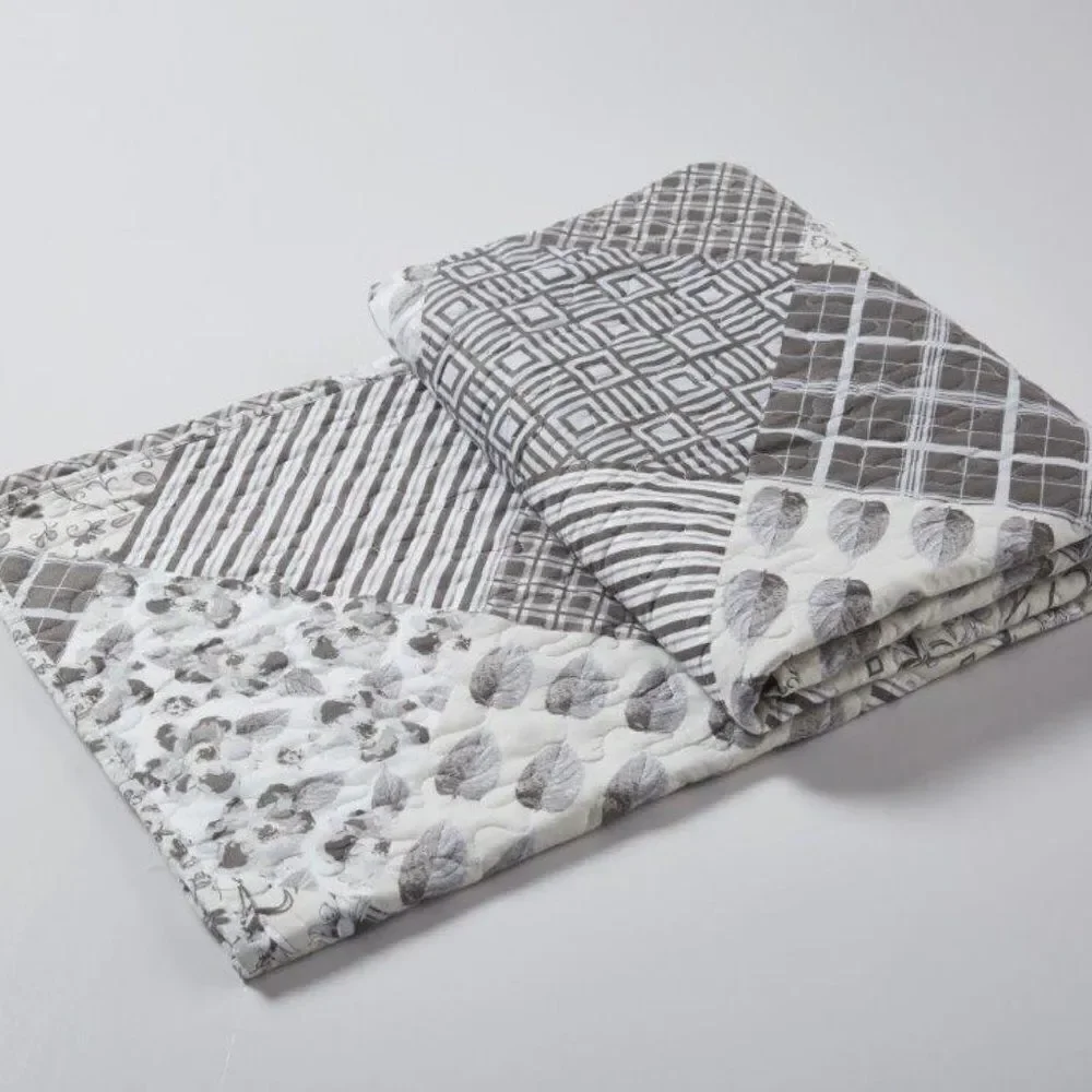Farmhouse Gray Patchwork Printed Quilted Throw Country Cottage Shabby Chic